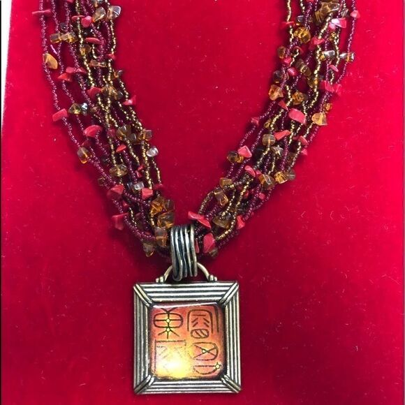 Chico’s Antiqued Brass Red Beaded Pendant - Picture 1 of 5